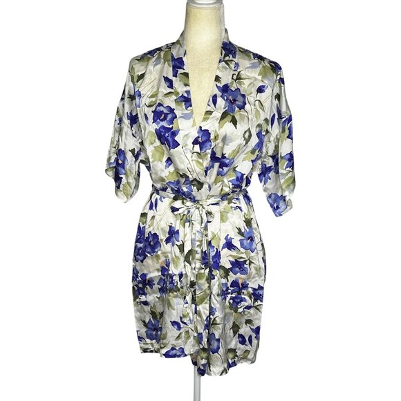 August Silk Intimates Robe Floral 100% Silk Small Belted Pockets Kimono Short - Picture 1 of 10